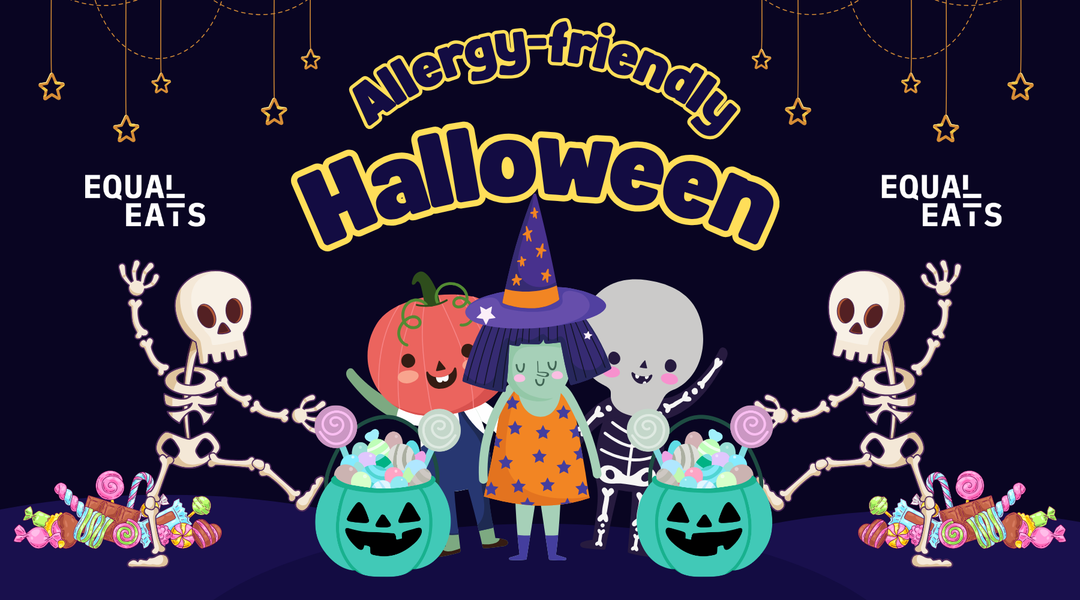 Allergy-friendly Halloween text with a witch, skeletons and teal pumpkins