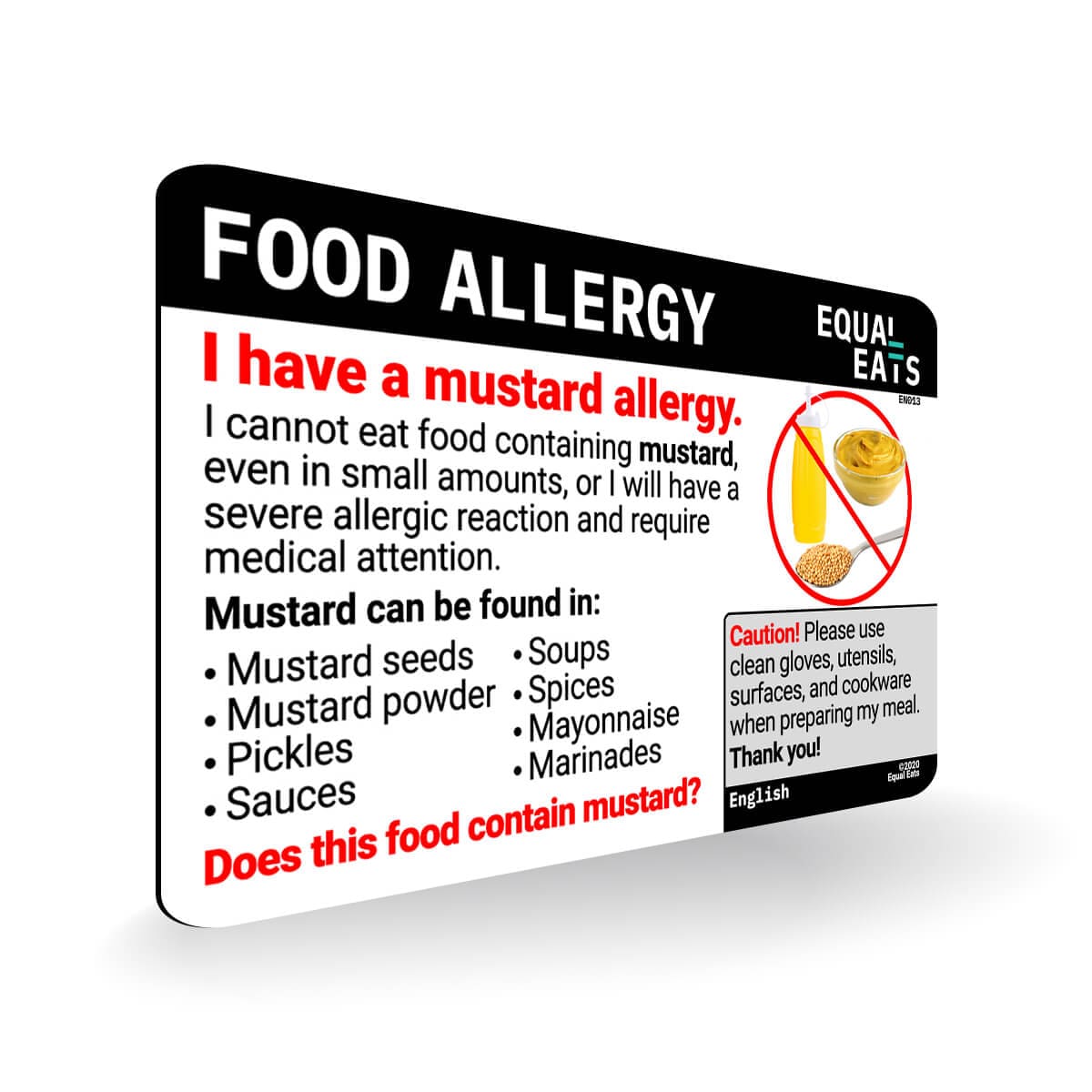 English Mustard Allergy Card Allergy Alert Chef Cards Equal Eats