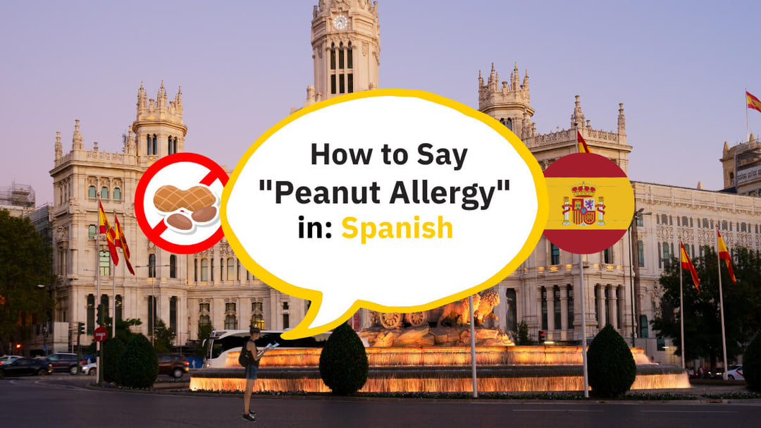 Photo of Madrid City Hall in Spain with a speech bubble asking how to say peanut allergy in Spanish