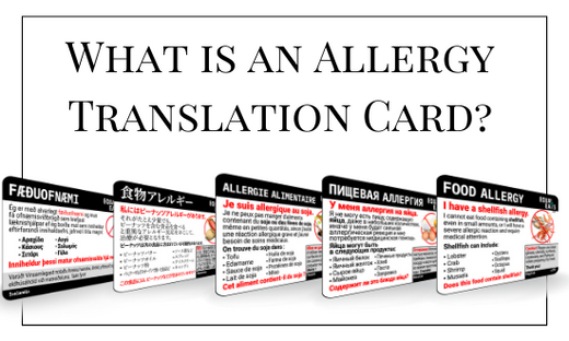 A collection of five Equal Eats allergy translation cards in Icelandic, Japanese, French, Russian and English.