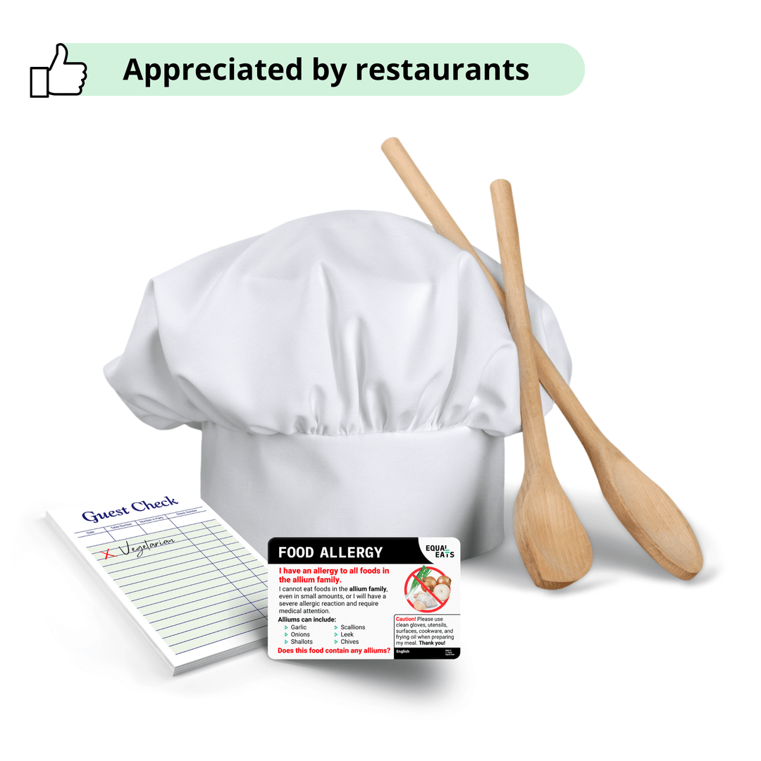 Allium allergy translation card with chef's white hat, two wooden spoons and restaurant order pad