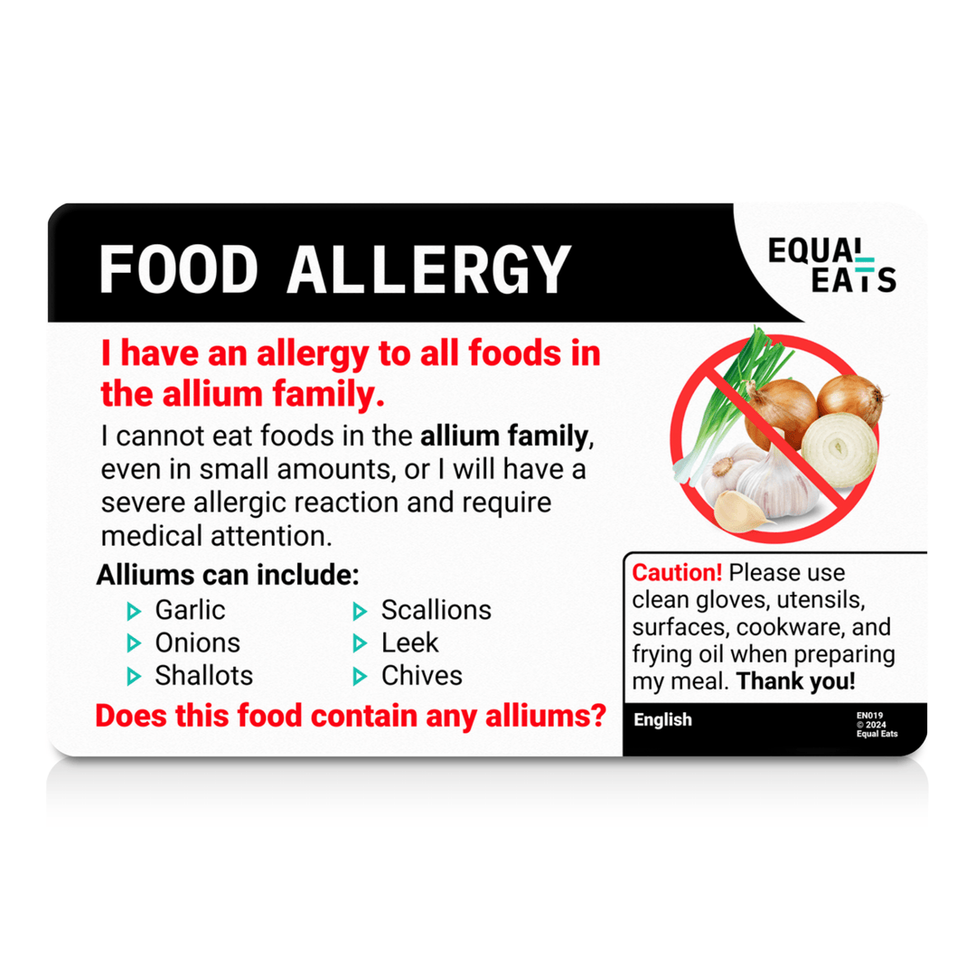 Front of allium allergy translation card with list of foods containing alliums