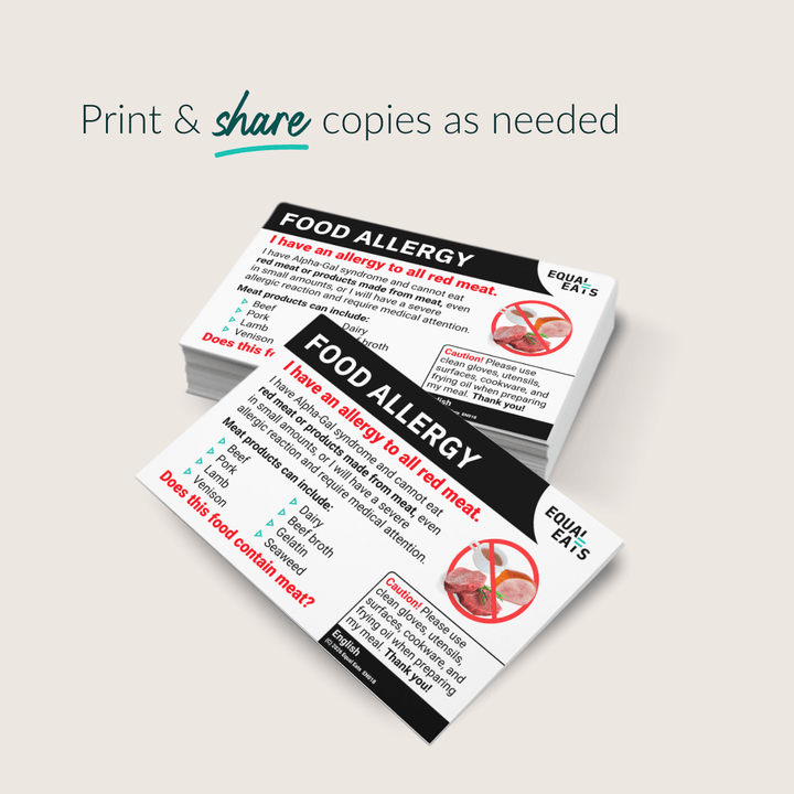 Alpha Gal Allergy Printable Card (PDF Download)