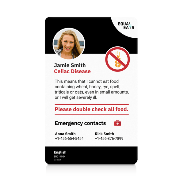 A sample ID card for celiac disease with a photo, personal details, and emergency contact information.