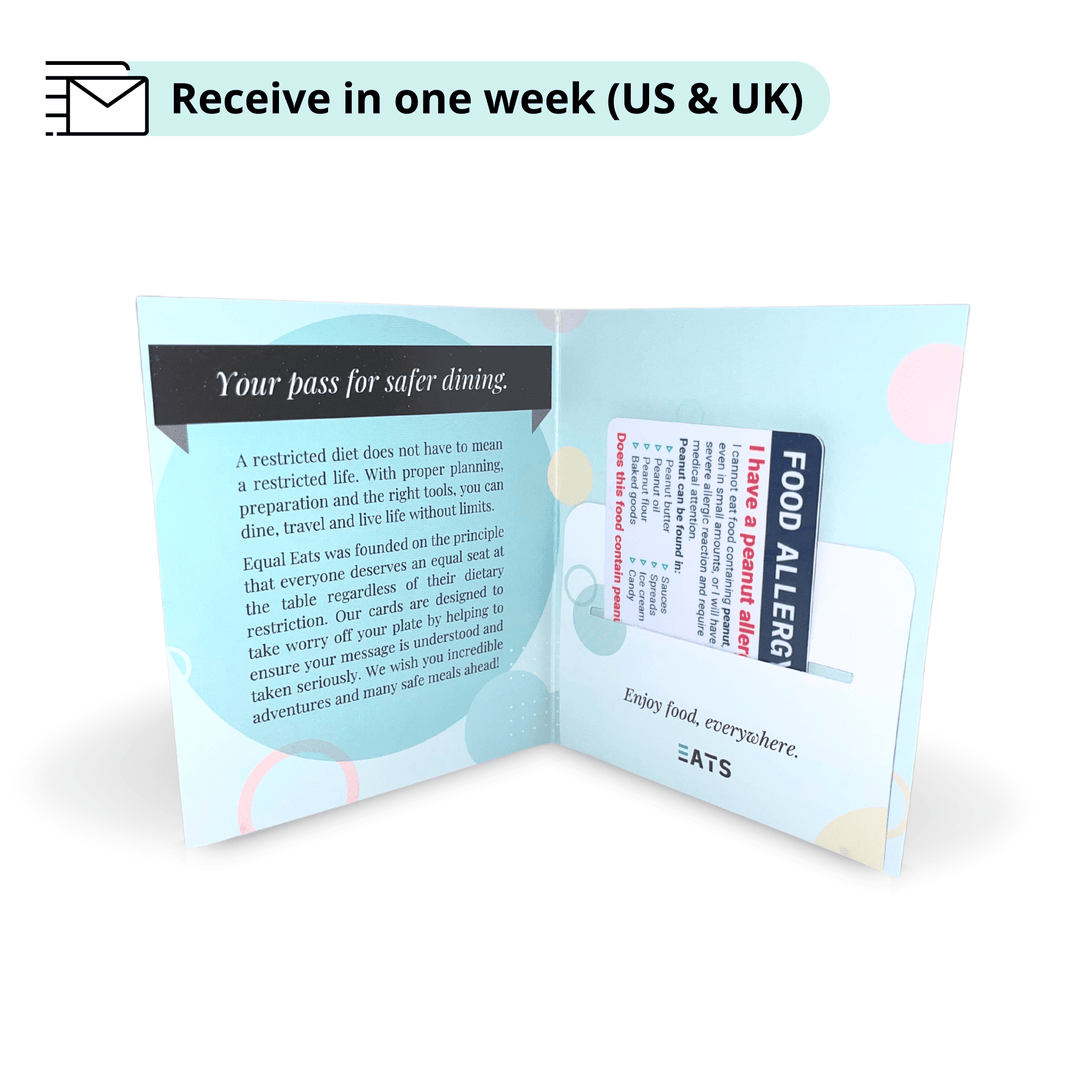 Allergy translation card in an Equal Eats branded card holder highlighting that US and UK product shipments arrive in one week