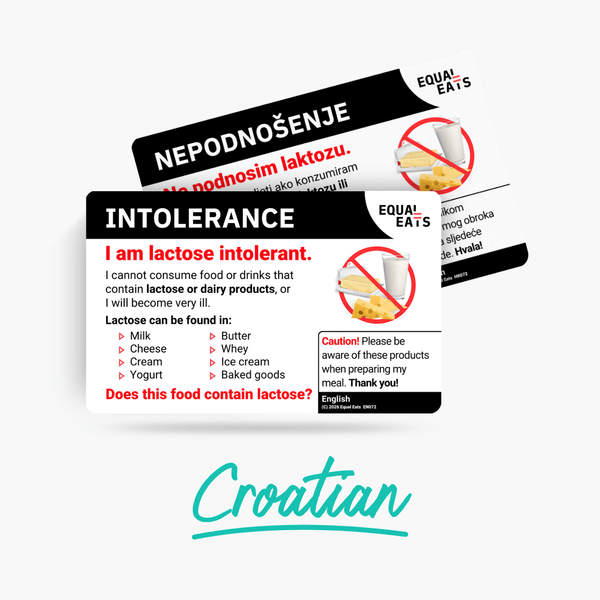Croatian lactose intolerance card, front view with its English side