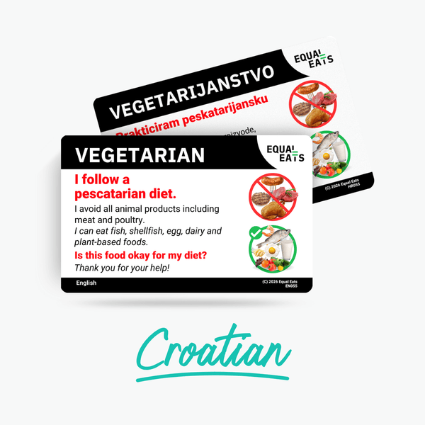 Front of the Croatian pescatarian card, translated and English sides together