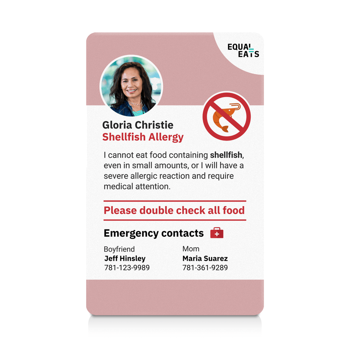 Dusty Pink Shellfish Allergy ID Card (EqualEats)