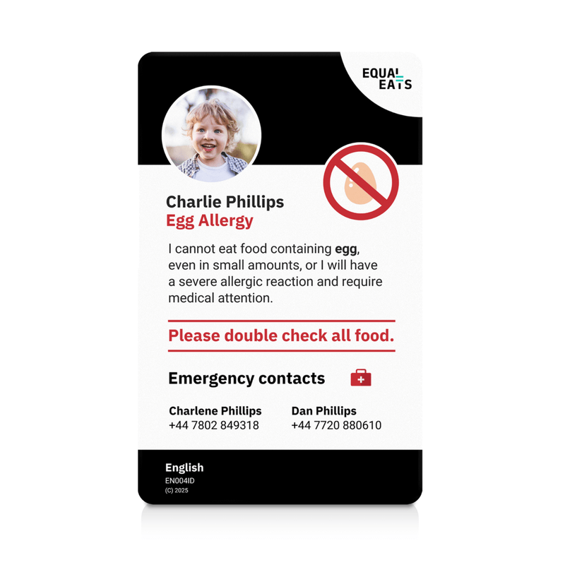 An identification card for a person with an egg allergy, featuring emergency contact information and a photo of the holder.