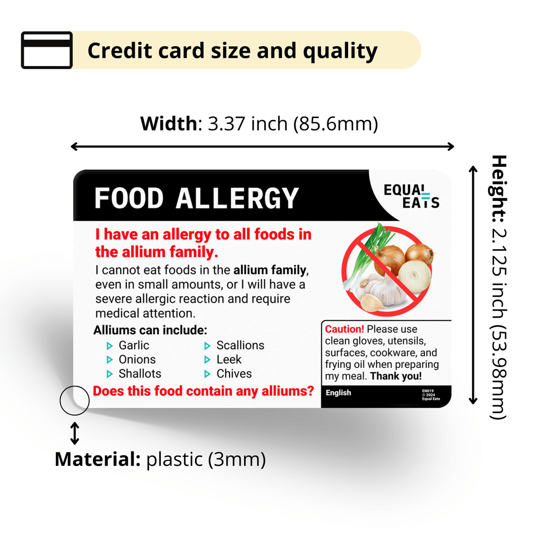 Equal Eats plastic allergy allium card which is credit card size and measures a a width of 3.37 inches and height of 2.125 inches