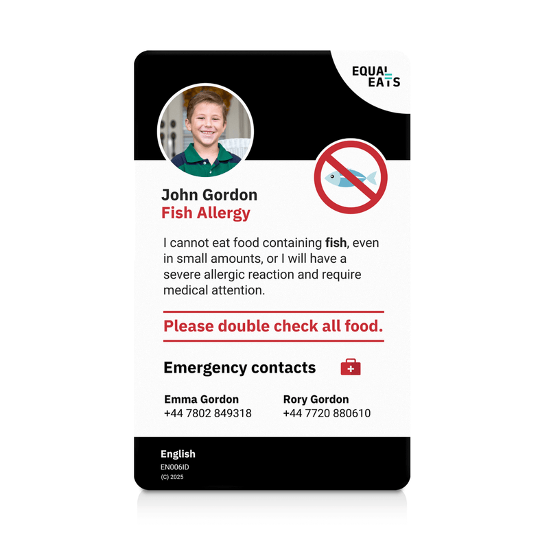 A sample image of a fish allergy emergency ID card with a photo, text detailing the holder's name, fish allergy, and emergency contact information, along with the logo of Equal Eats.