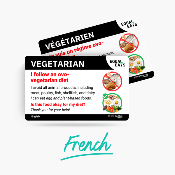 French ovo vegetarian card with its English side, laid flat