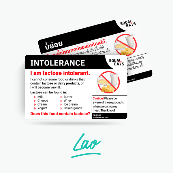 Lao lactose intolerance card with its English side, laid flat
