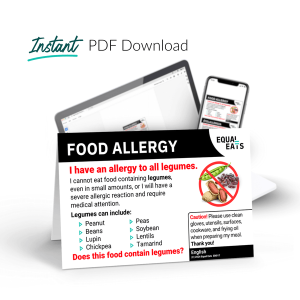 Instant PDF download of the English printable legume allergy card