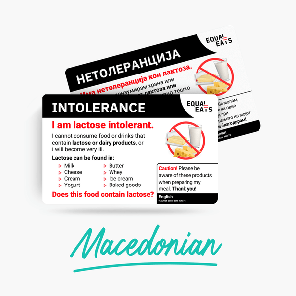 Macedonian lactose intolerance card with its English side, laid flat
