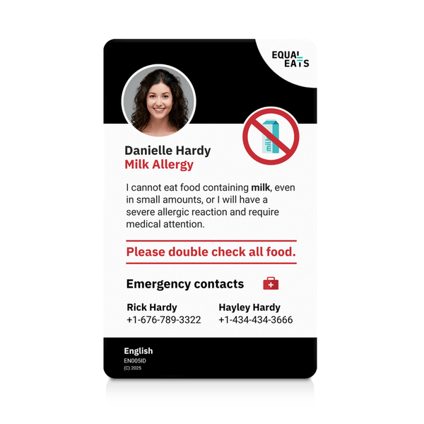 A milk allergy emergency ID card featuring a photo of a woman, her name, and emergency contact information in English and Spanish. The card indicates a milk allergy and requests that all food be double checked.