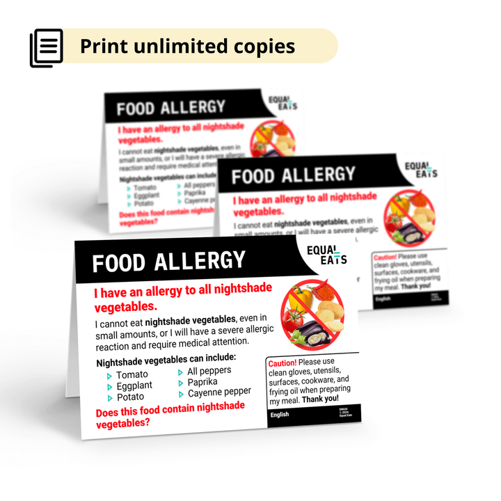 Free Nightshade Vegetable Allergy Card in English (Printable)