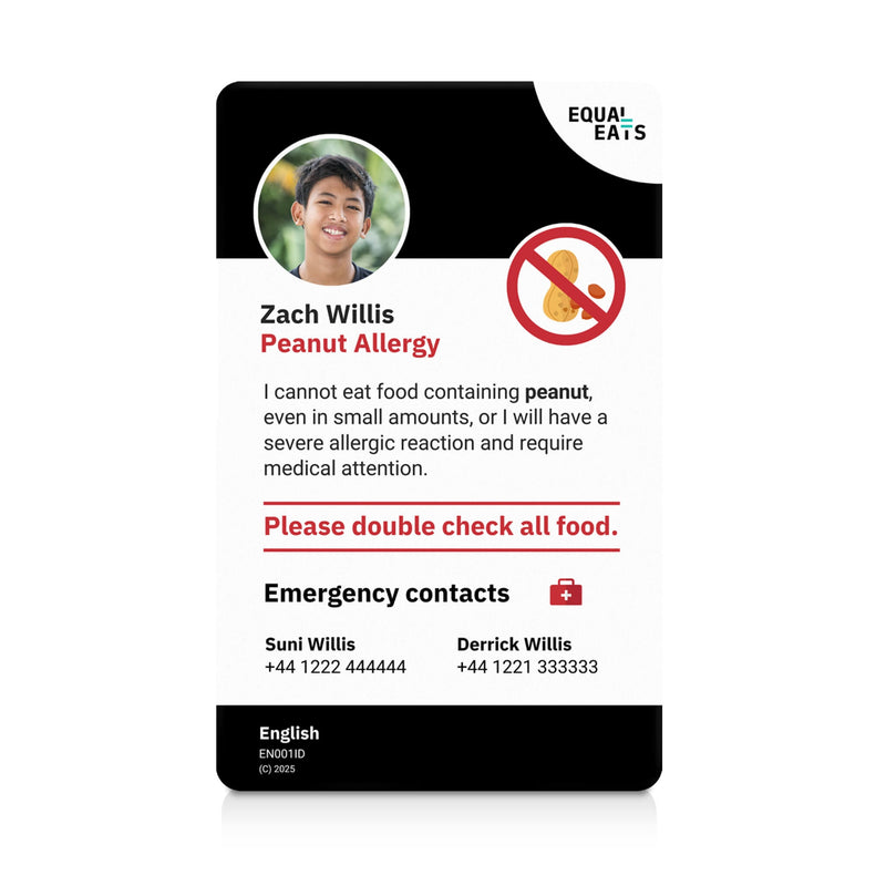 A sample Equal Eats ID card with a photo and text indicating a peanut allergy, including emergency contact information.