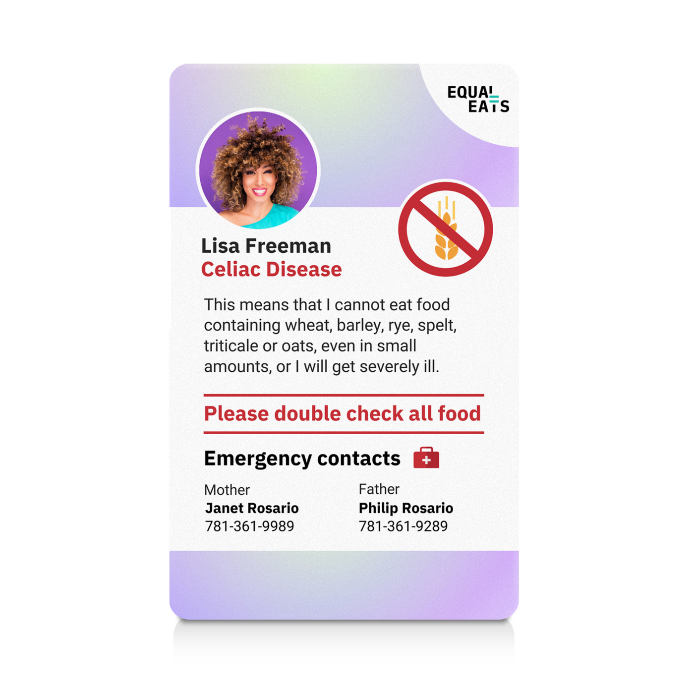 Purple Shine Celiac Disease ID Card (EqualEats)