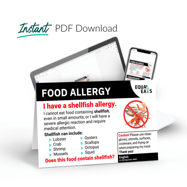 English printable shellfish allergy card, available as an instant PDF download