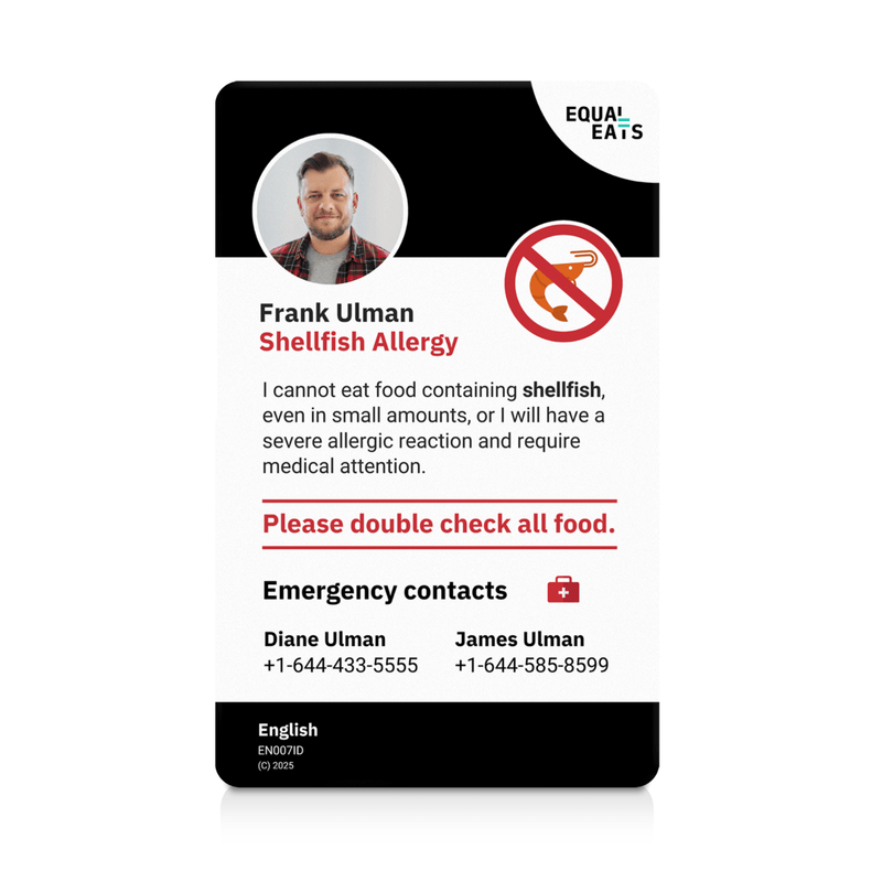 A sample image of a shellfish allergy emergency ID card with a photo, personal information, and emergency contact details.