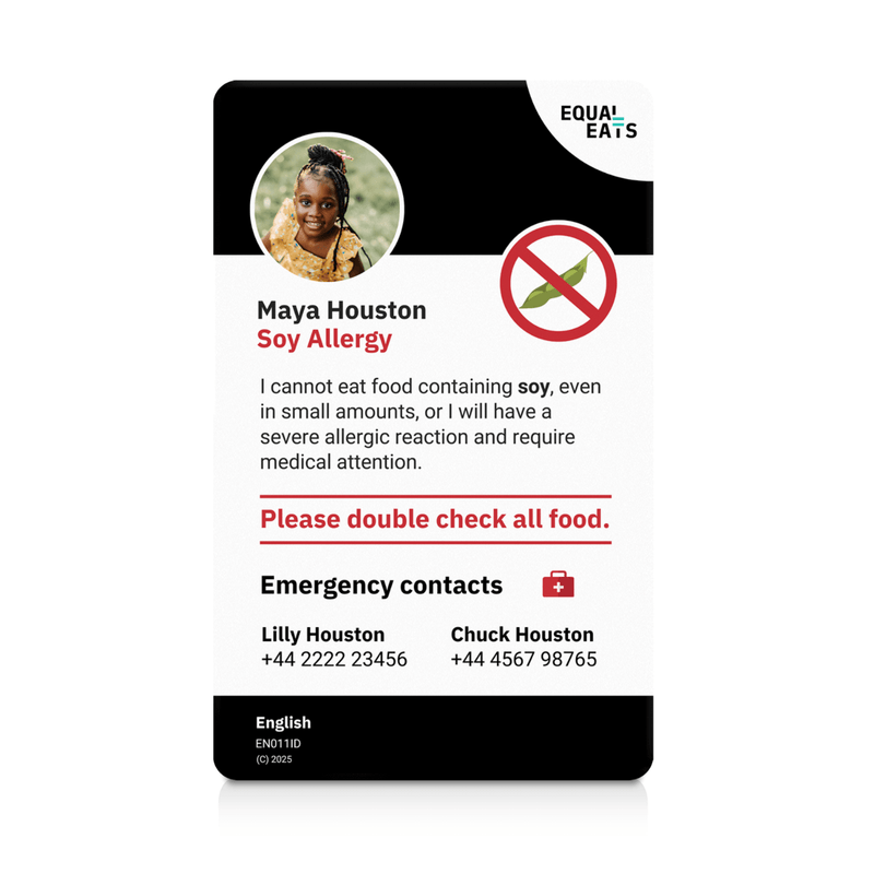 An Equal Eats ID card with a soy allergy alert, including a photo of the holder and emergency contact information.