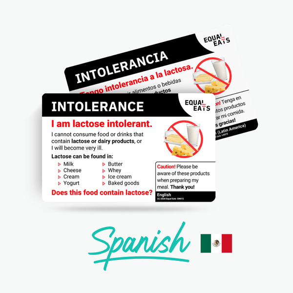 Front of the Spanish (Latin America) lactose intolerance card, translated and English sides together