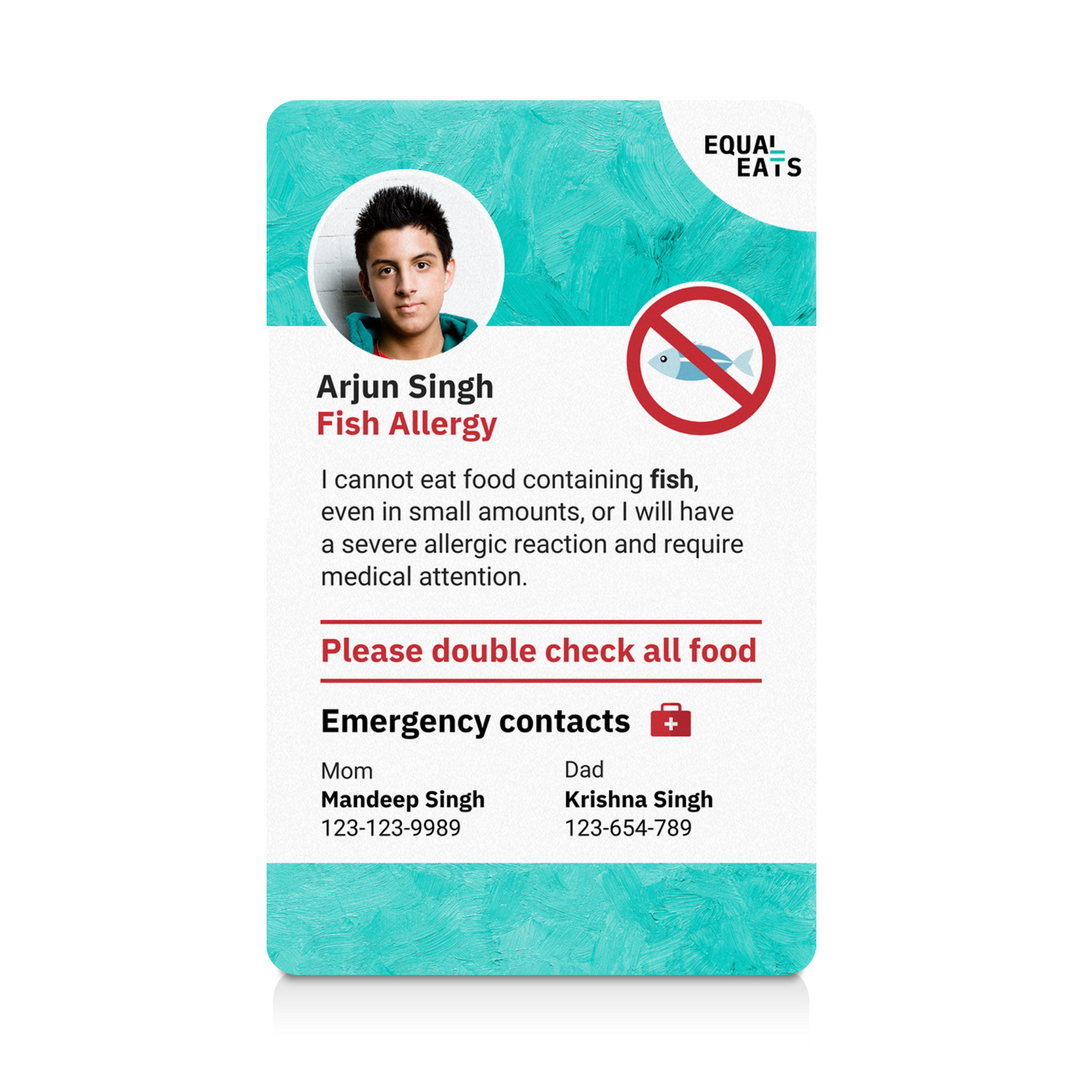 Teal Paint Fish Allergy ID Card (EqualEats)