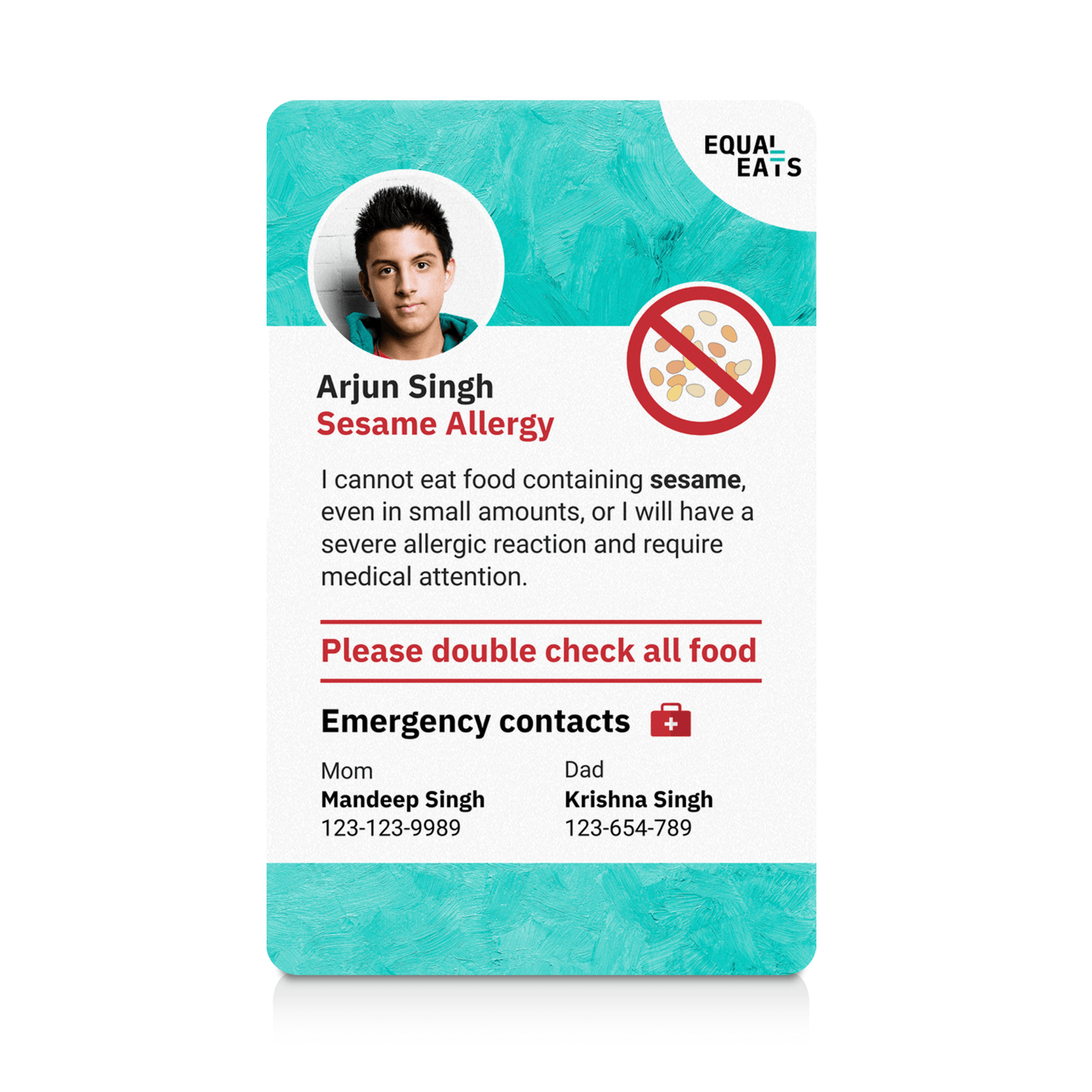 Teal Paint Sesame Allergy ID Card (EqualEats)