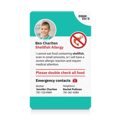 Teal Shellfish Allergy ID Card (EqualEats)