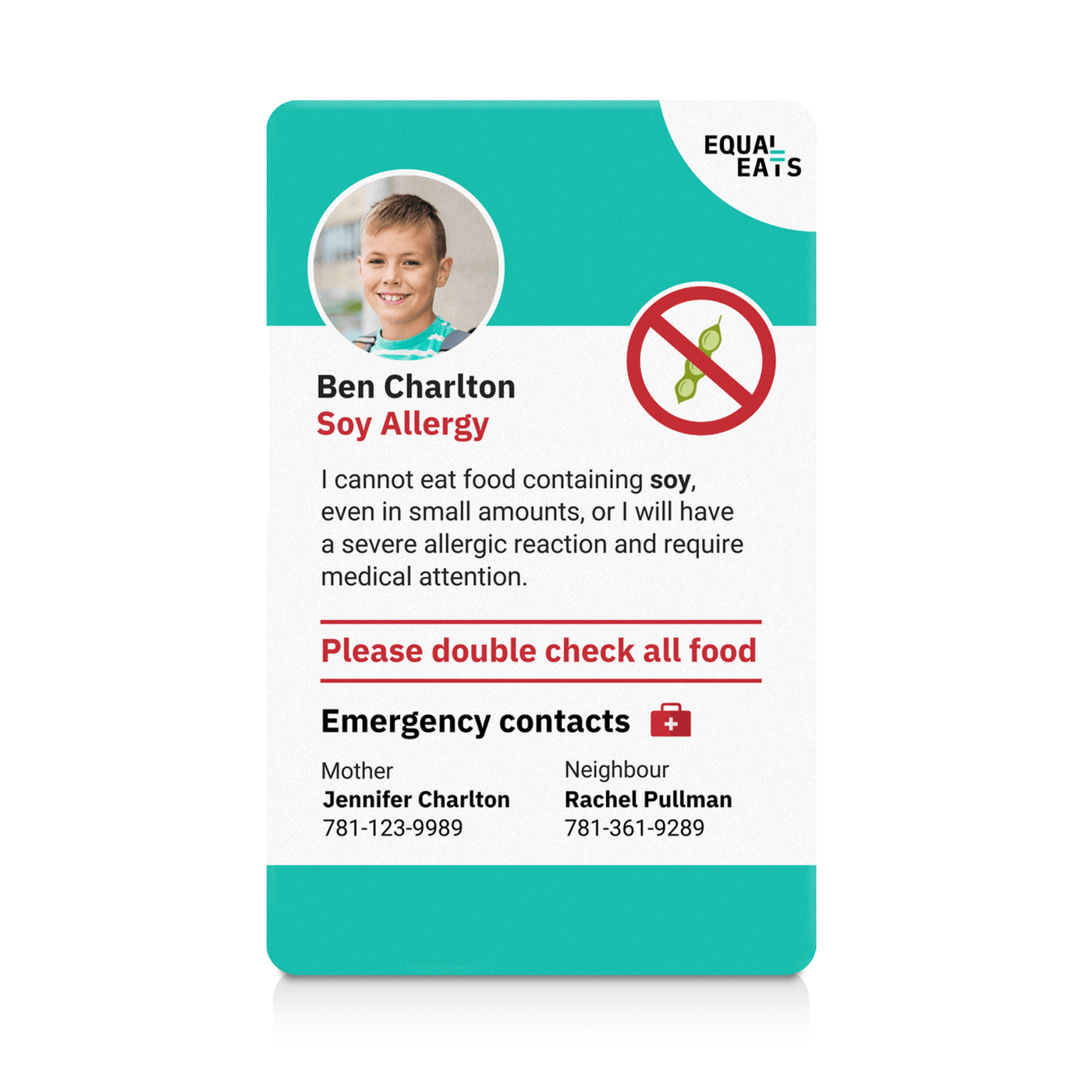 Teal Soy Allergy ID Card (EqualEats)