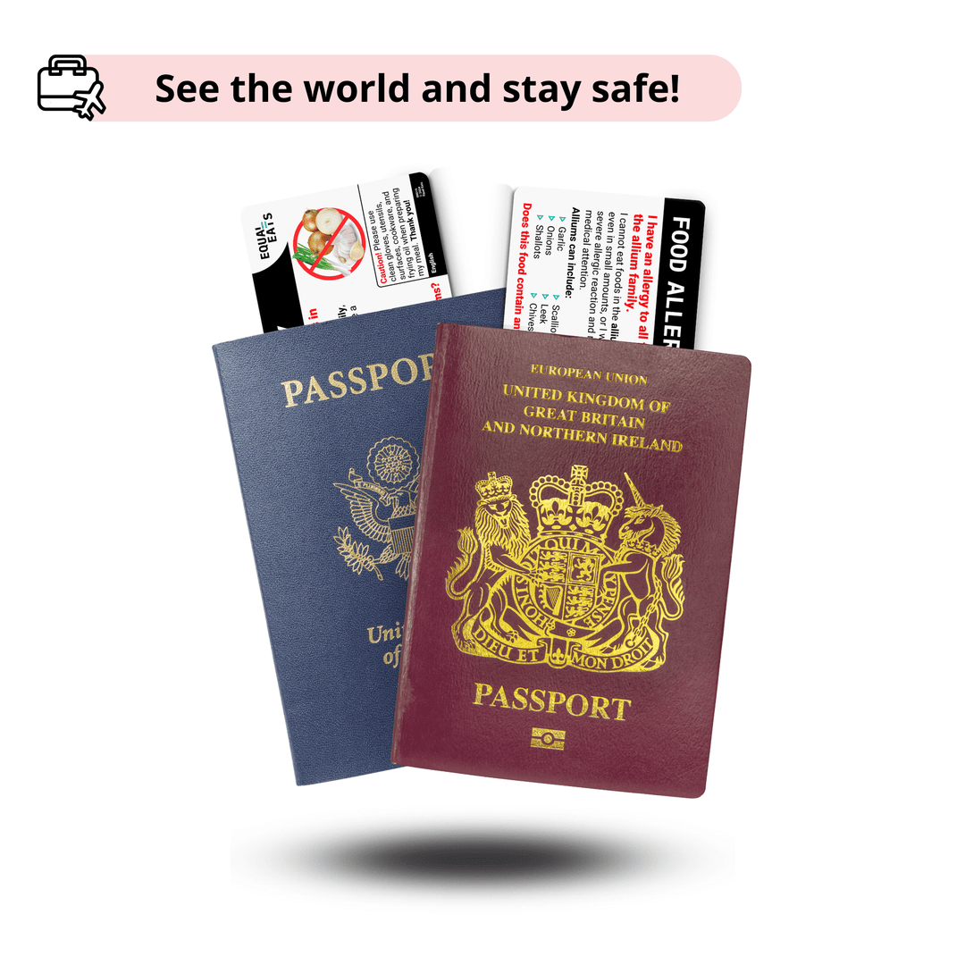 Two passports with one Equal Eats allium allergy translation card in each 