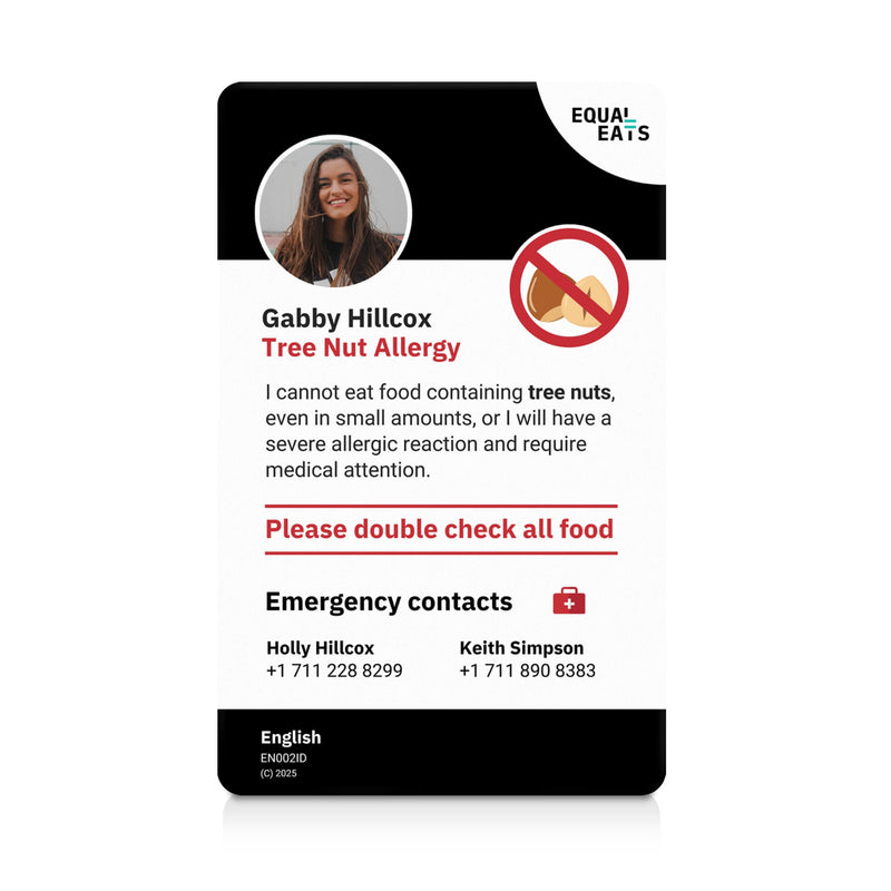 An ID card with a photo and text indicating a tree nut allergy, including emergency contact information.