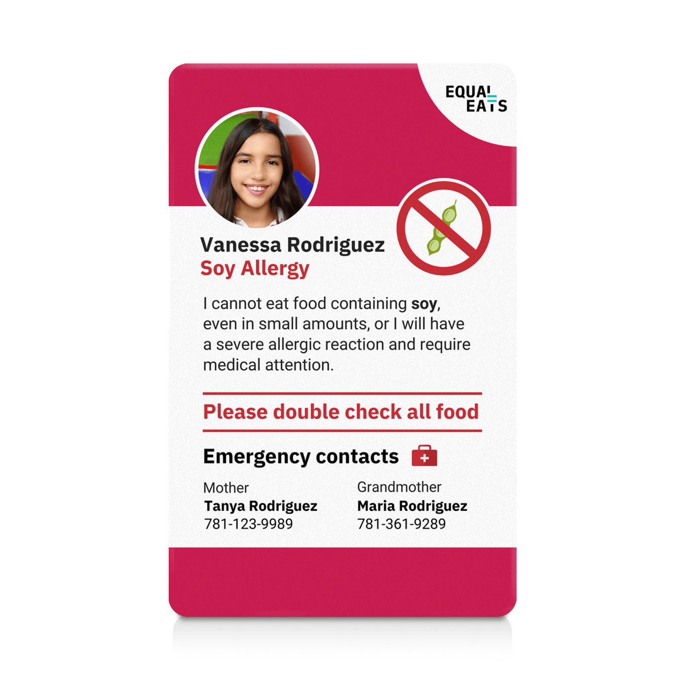 Viva Magenta Soy Allergy ID Card (EqualEats)