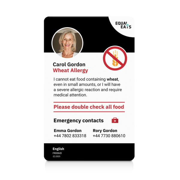 An Equal Eats ID card with a photo and text indicating a wheat allergy, with emergency contact details.
