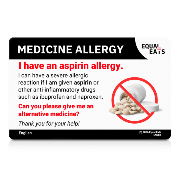 The English-language side of the aspirin allergy translation card