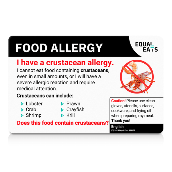 Crustacean allergy card in English listing lobster, crab, shrimp, prawn, crayfish and krill