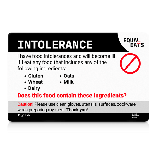 Customized intolerance translation card: the English reverse, front view