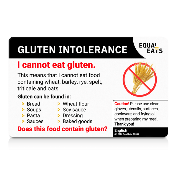 Gluten intolerance translation card: the English reverse, front view