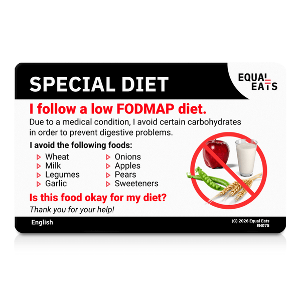 The English-language side of the low FODMAP diet translation card