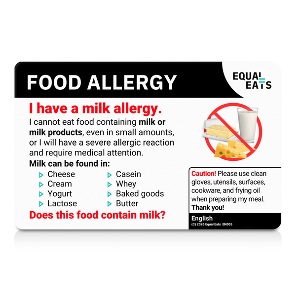 Milk allergy translation card: the English reverse, front view