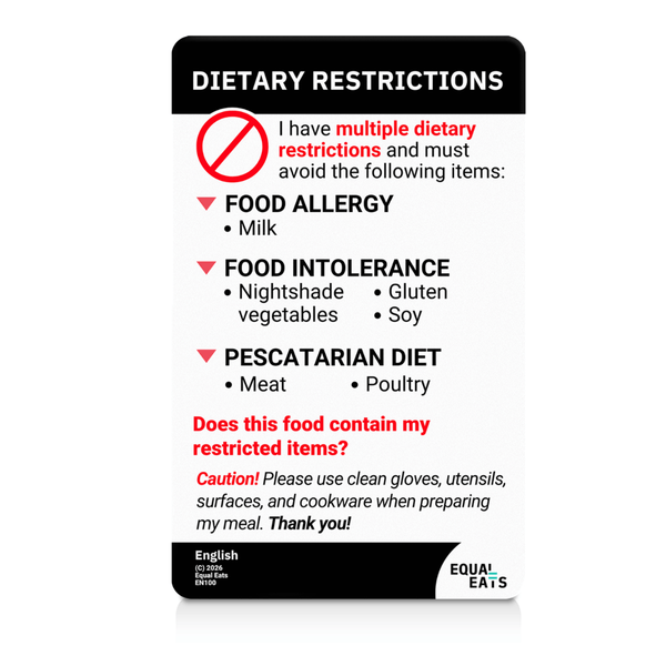 Multiple dietary restriction customized card: the English reverse, front view