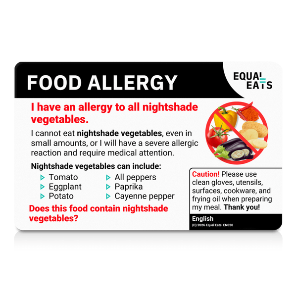 The English-language side of the nightshade vegetable allergy translation card