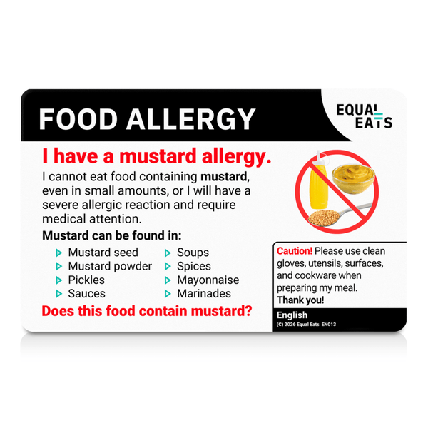 Mustard allergy translation card: the English reverse, front view