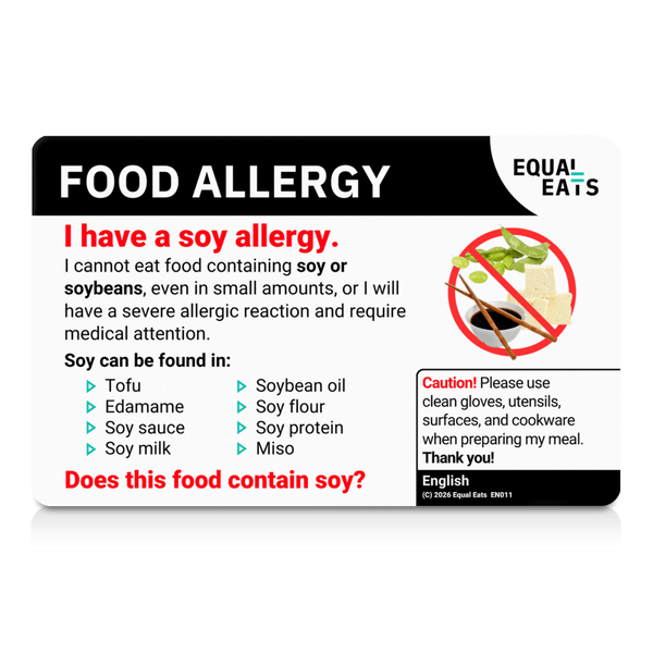 Soy allergy translation card: the English reverse, front view