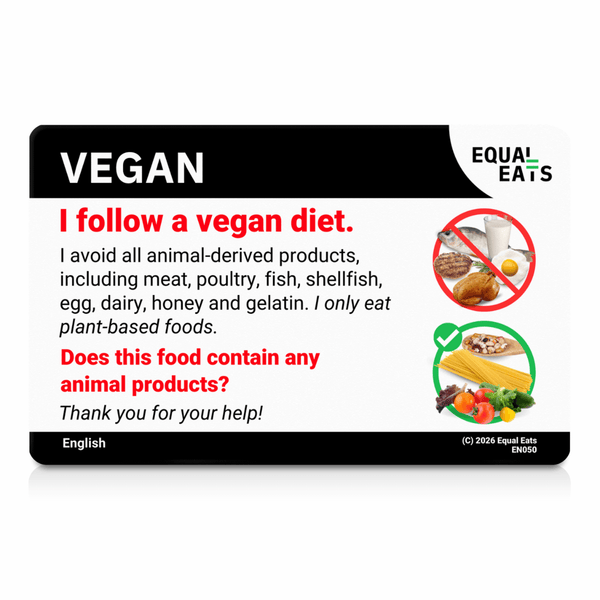 The English-language side of the vegan translation card