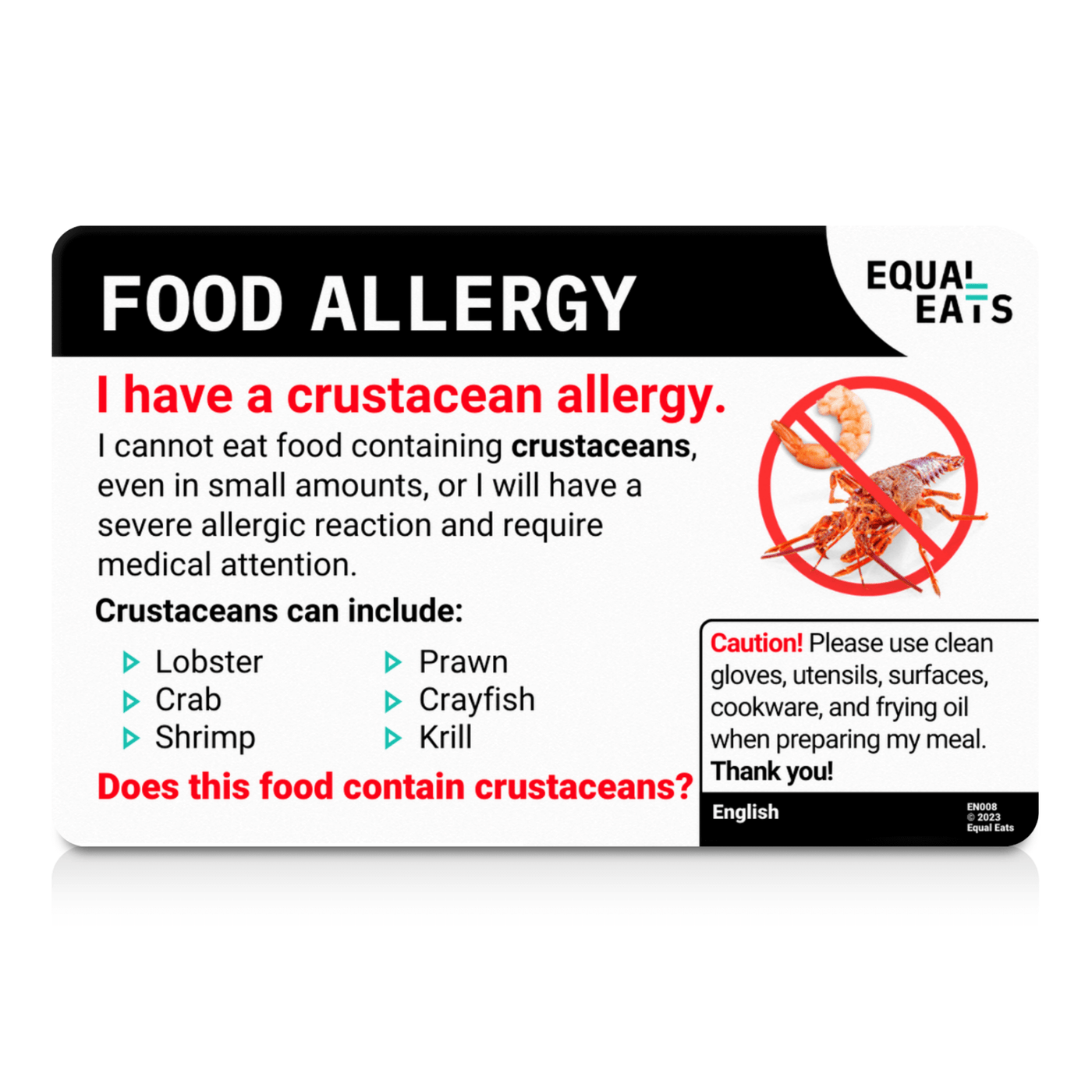 Simplified Chinese Crustacean Allergy Card