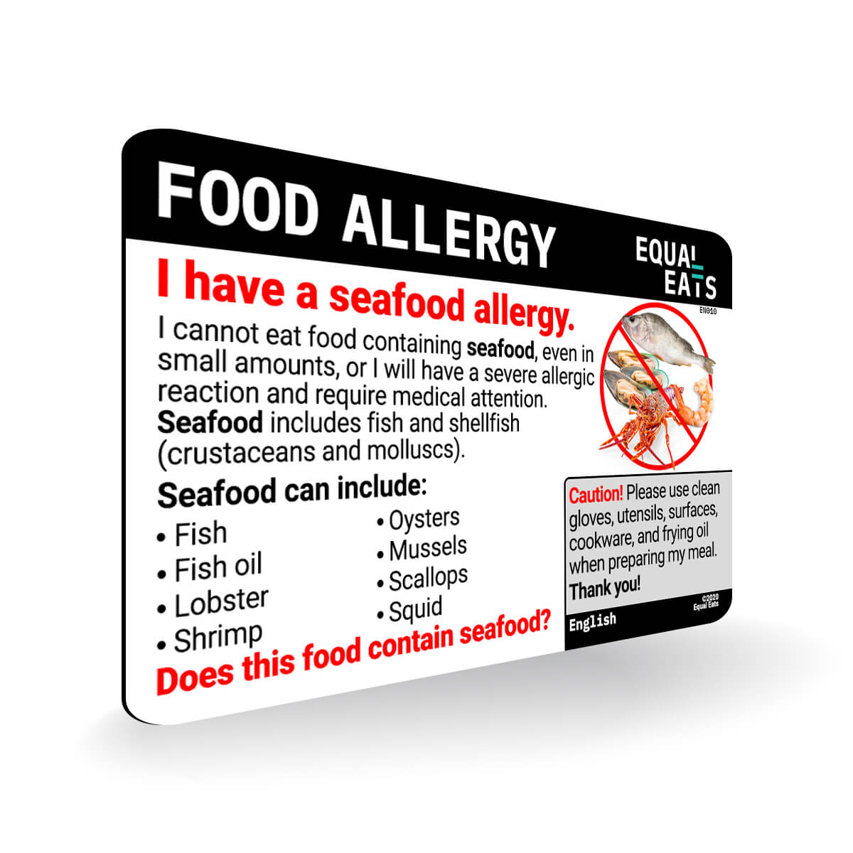 English Seafood Allergy Card | Allergy Alert Chef Cards | Equal Eats