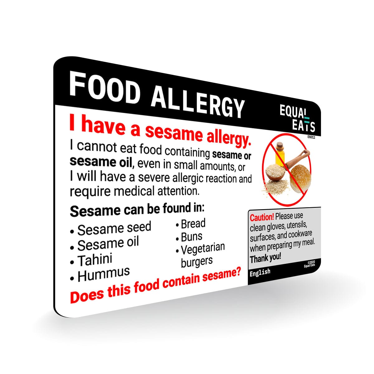 English Sesame Allergy Card | Allergy Alert Chef Cards | Equal Eats