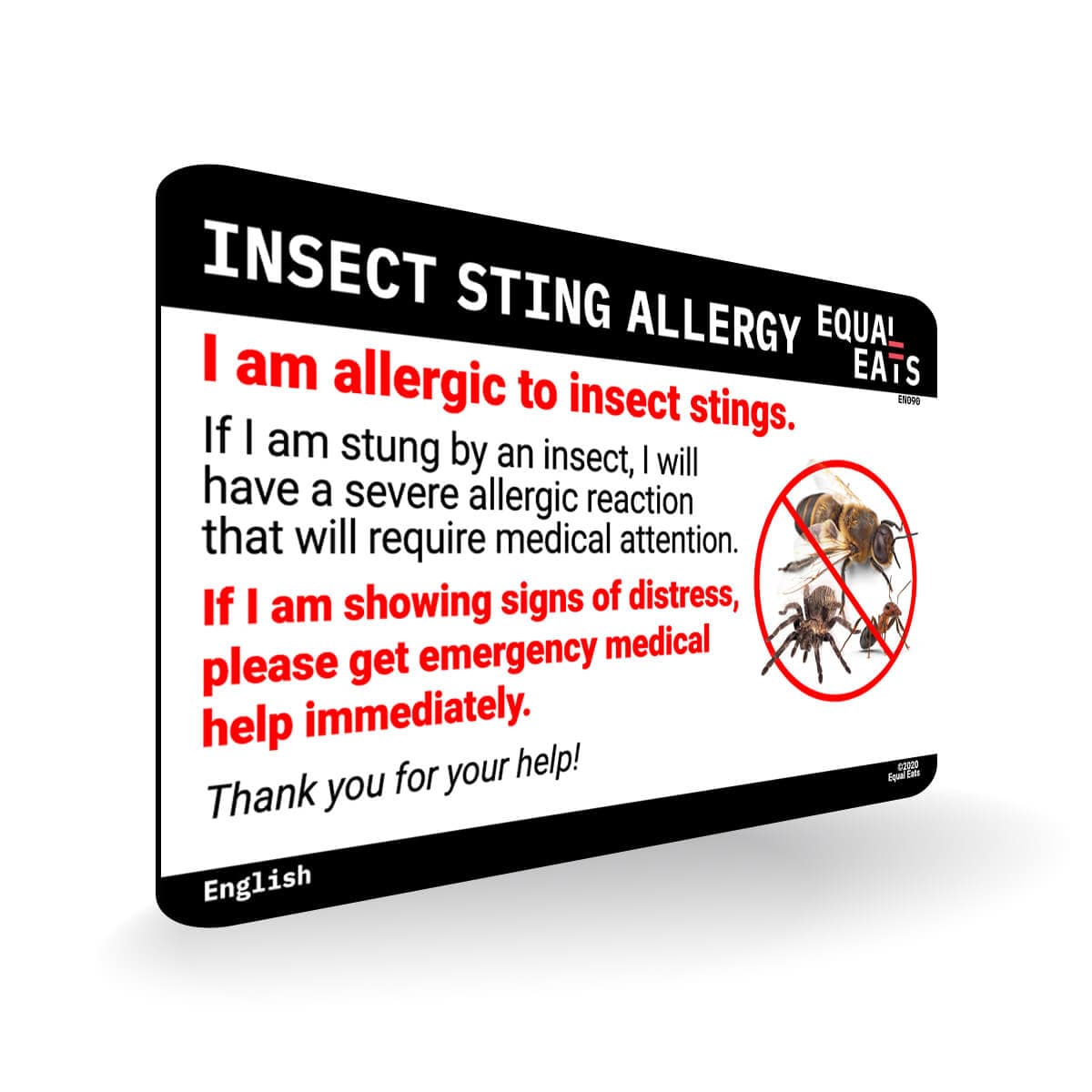 Insect Sting Allergy Card in English (Printable)